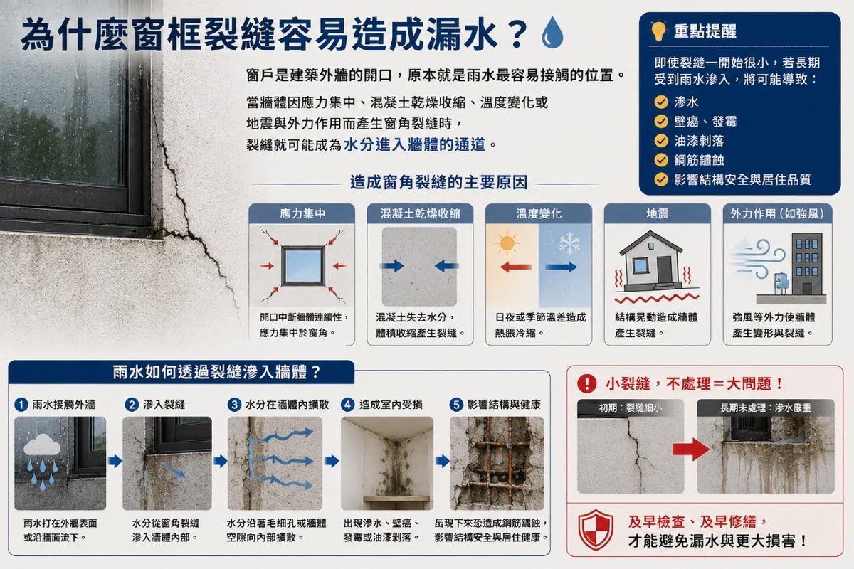 窗框裂縫漏水成因